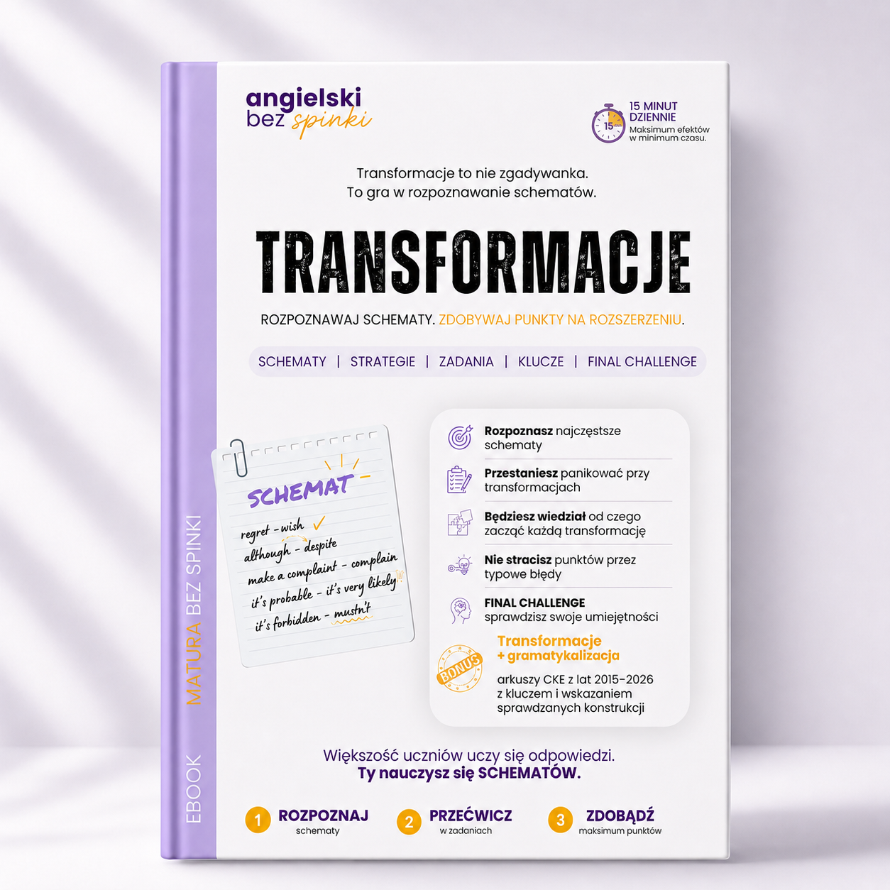 Mockup ebooka 50 Transformacji – trening maturalny z angielskiego, zadania, klucz odpowiedzi i tracker